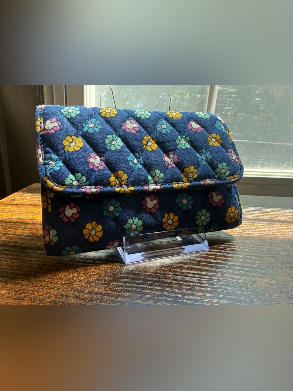 Vera Bradley Navy Quilted Wallet with Yellow, Pink, Teal & Green Floral Print